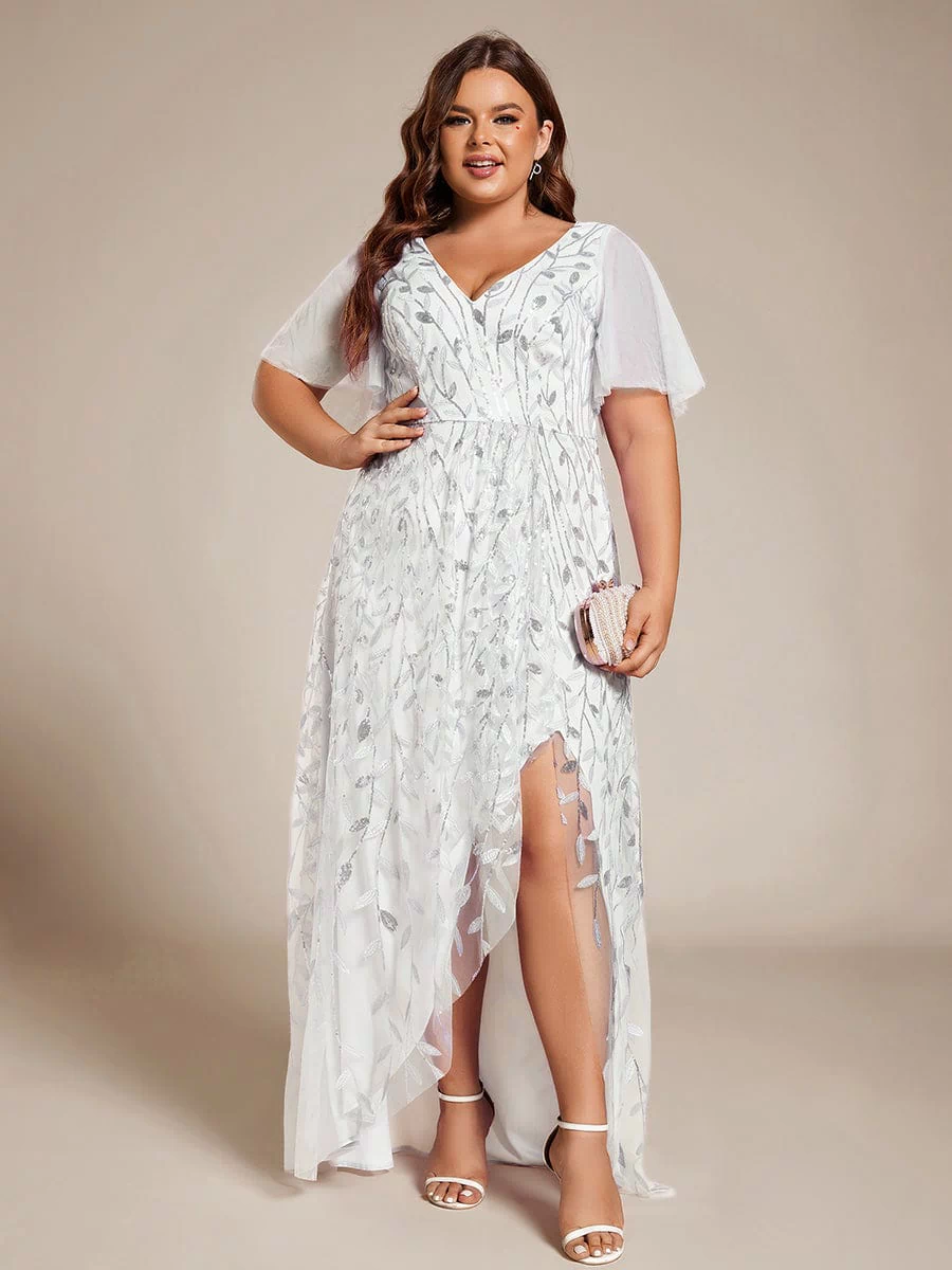 V-Neck Sequined Evening Dresses with High Slit #color_White