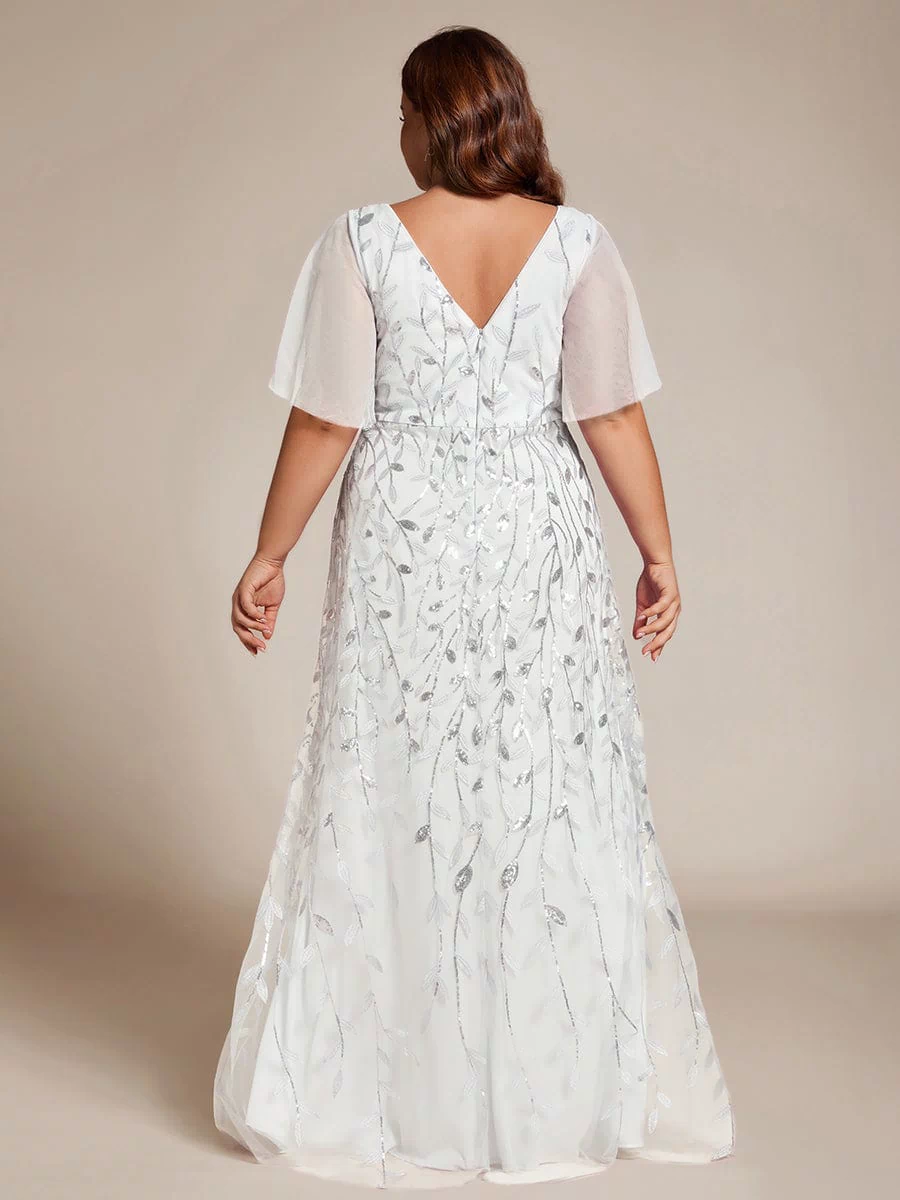 V-Neck Sequined Evening Dresses with High Slit #color_White