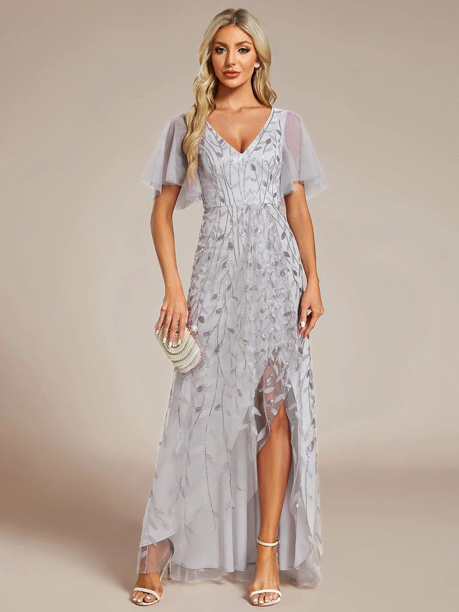 V-Neck Sequined Evening Dresses with High Slit #color_Silver