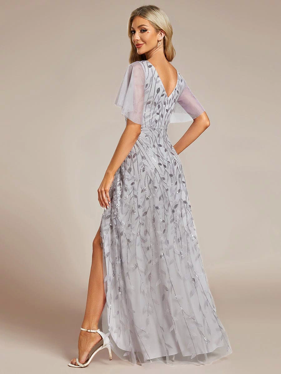 V-Neck Sequined Evening Dresses with High Slit #color_Silver