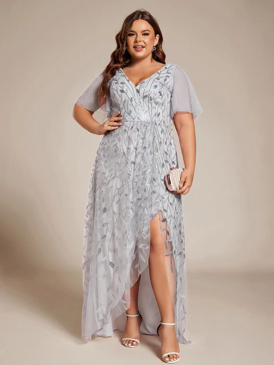 V-Neck Sequined Evening Dresses with High Slit #color_Silver