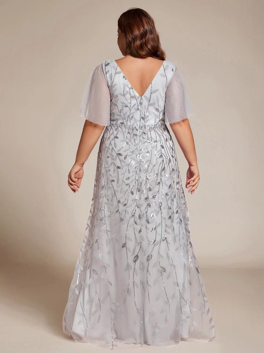 V-Neck Sequined Evening Dresses with High Slit #color_Silver