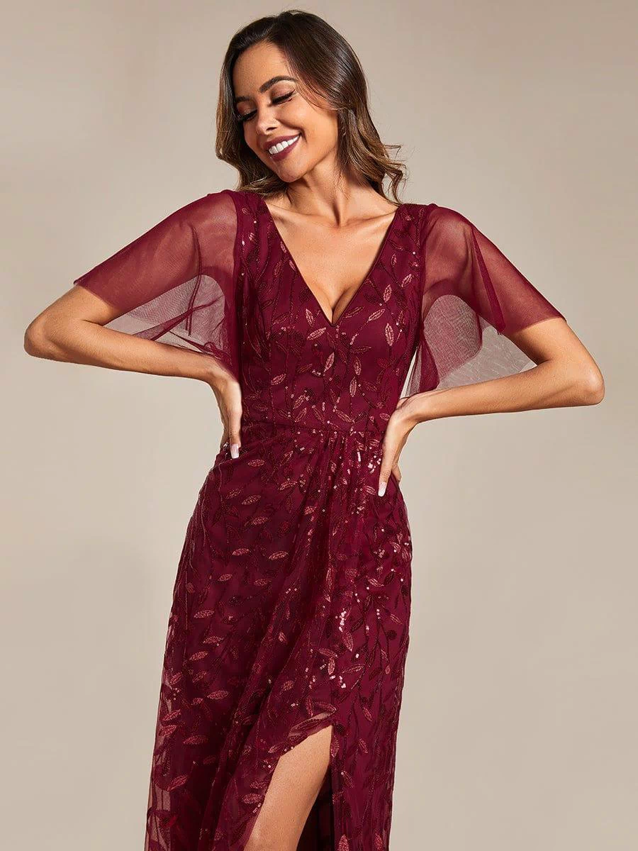 V-Neck Sequined Evening Dresses with High Slit #color_Burgundy