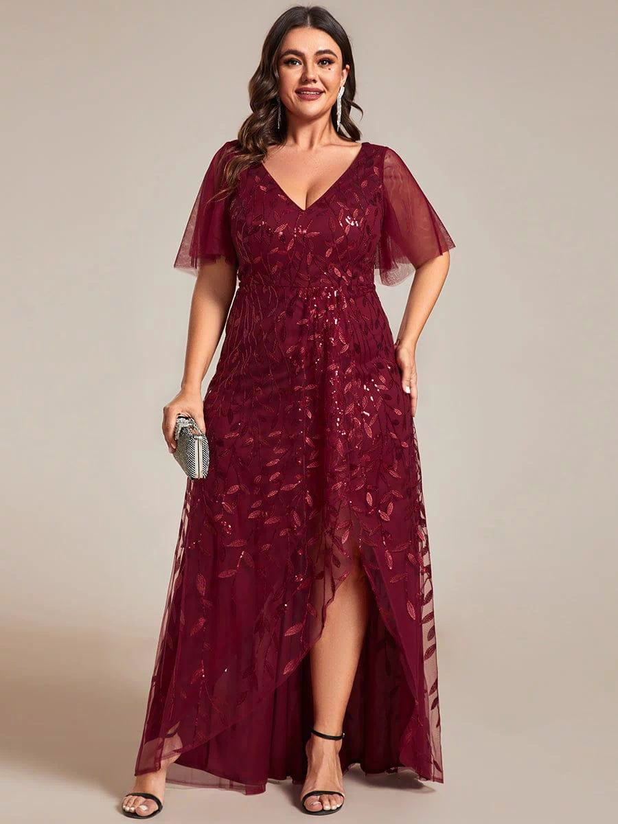 V-Neck Sequined Evening Dresses with High Slit #color_Burgundy