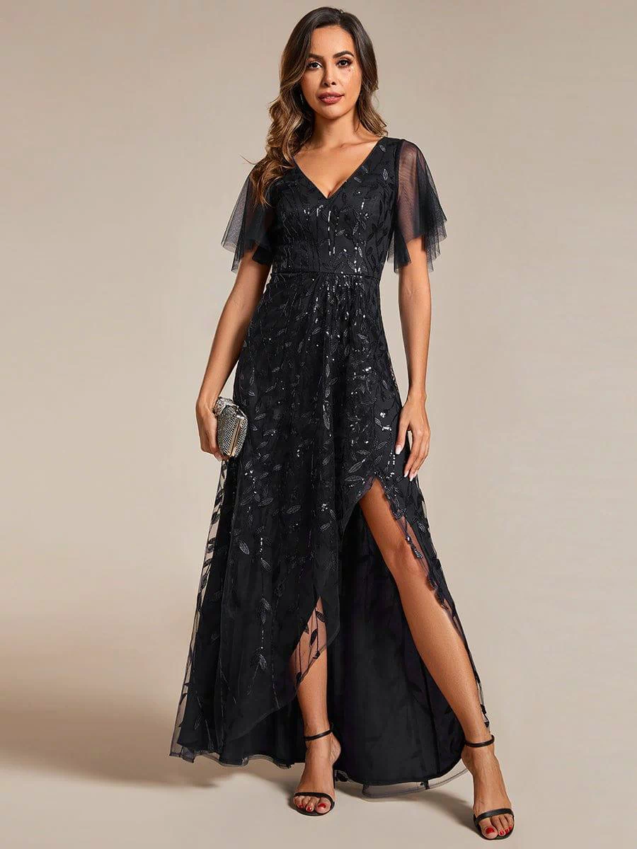 V-Neck Sequined Evening Dresses with High Slit #color_Black