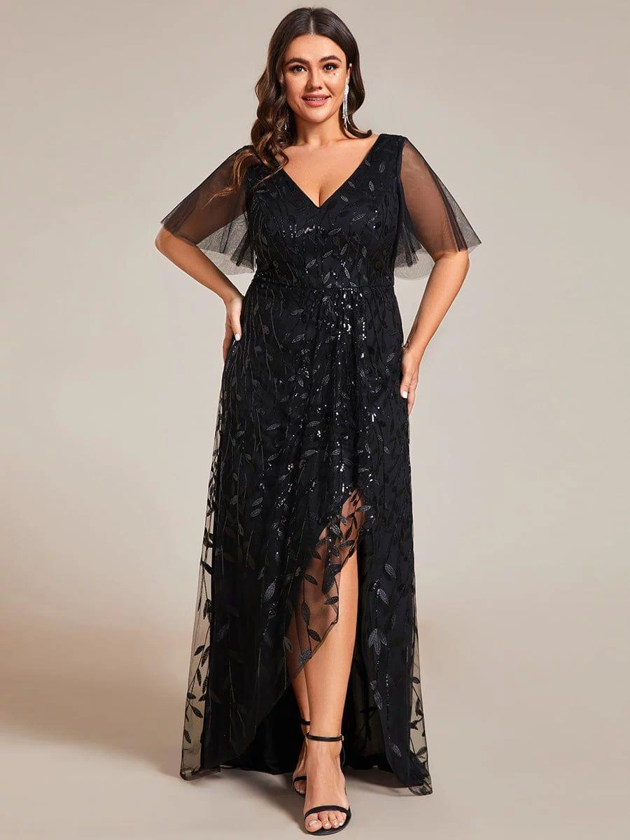 V-Neck Sequined Evening Dresses with High Slit #color_Black