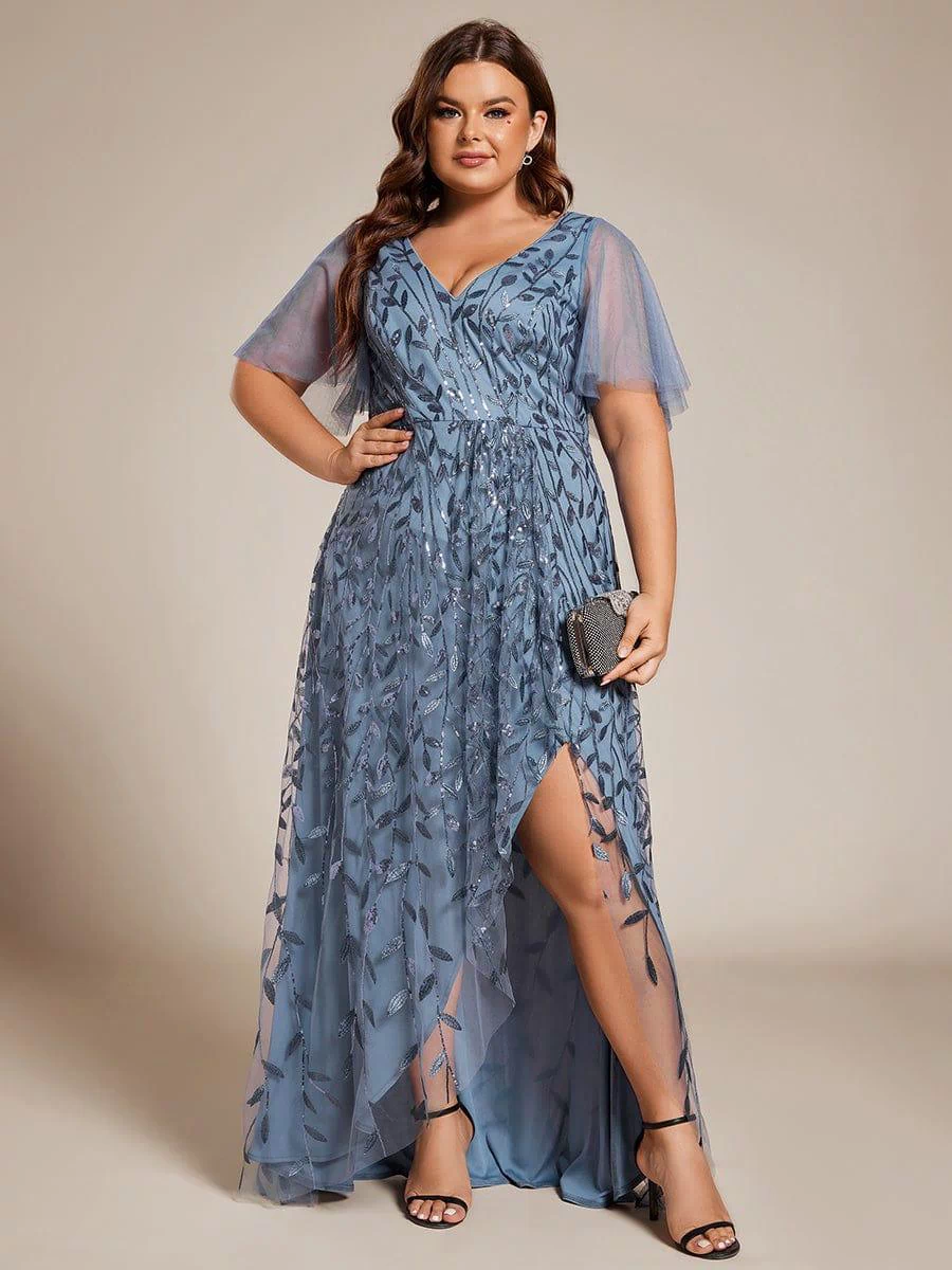 V-Neck Sequined Evening Dresses with High Slit #color_Dusty Blue