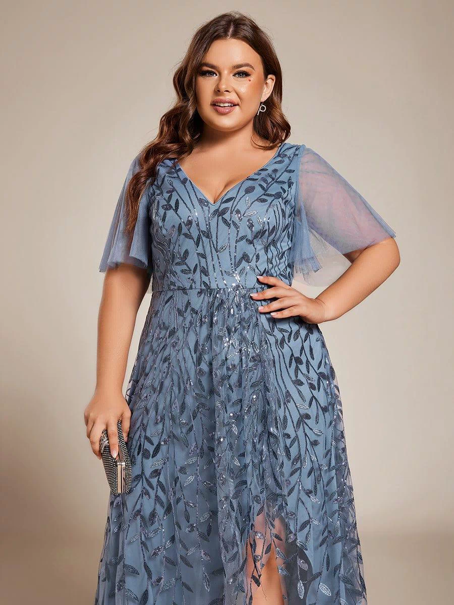 V-Neck Sequined Evening Dresses with High Slit #color_Dusty Blue