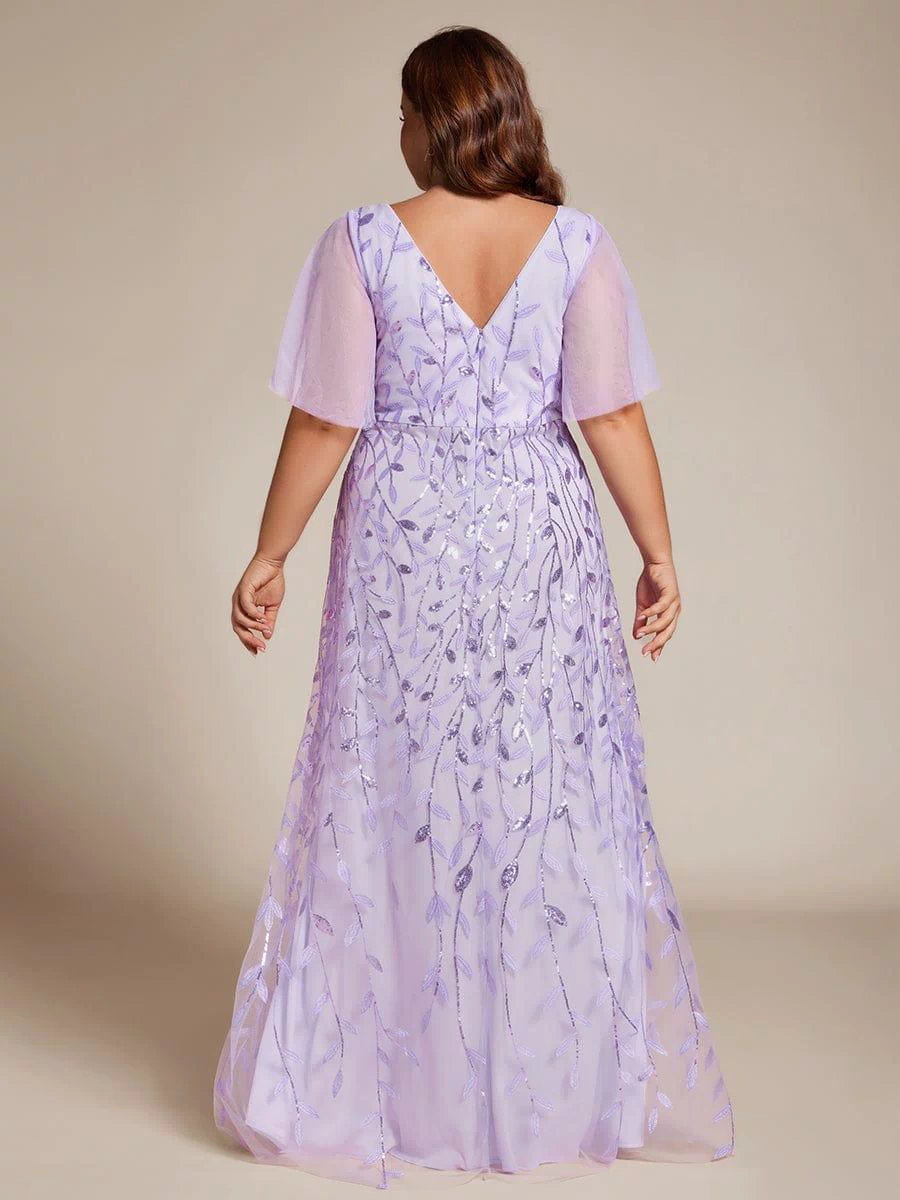 V-Neck Sequined Evening Dresses with High Slit #color_Lavender