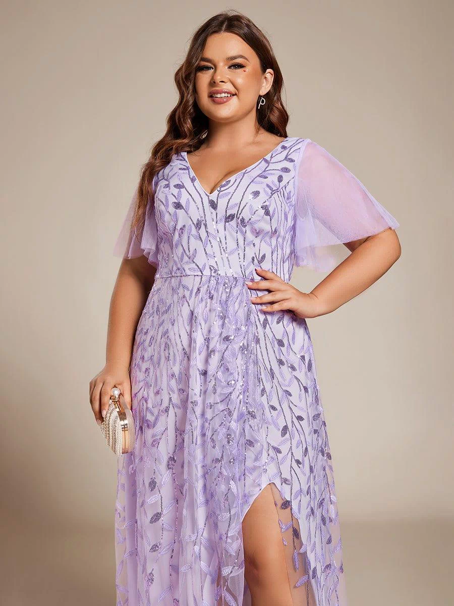 V-Neck Sequined Evening Dresses with High Slit #color_Lavender