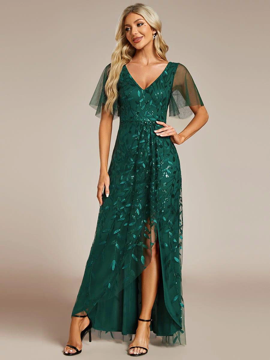 V-Neck Sequined Evening Dresses with High Slit #color_Dark Green