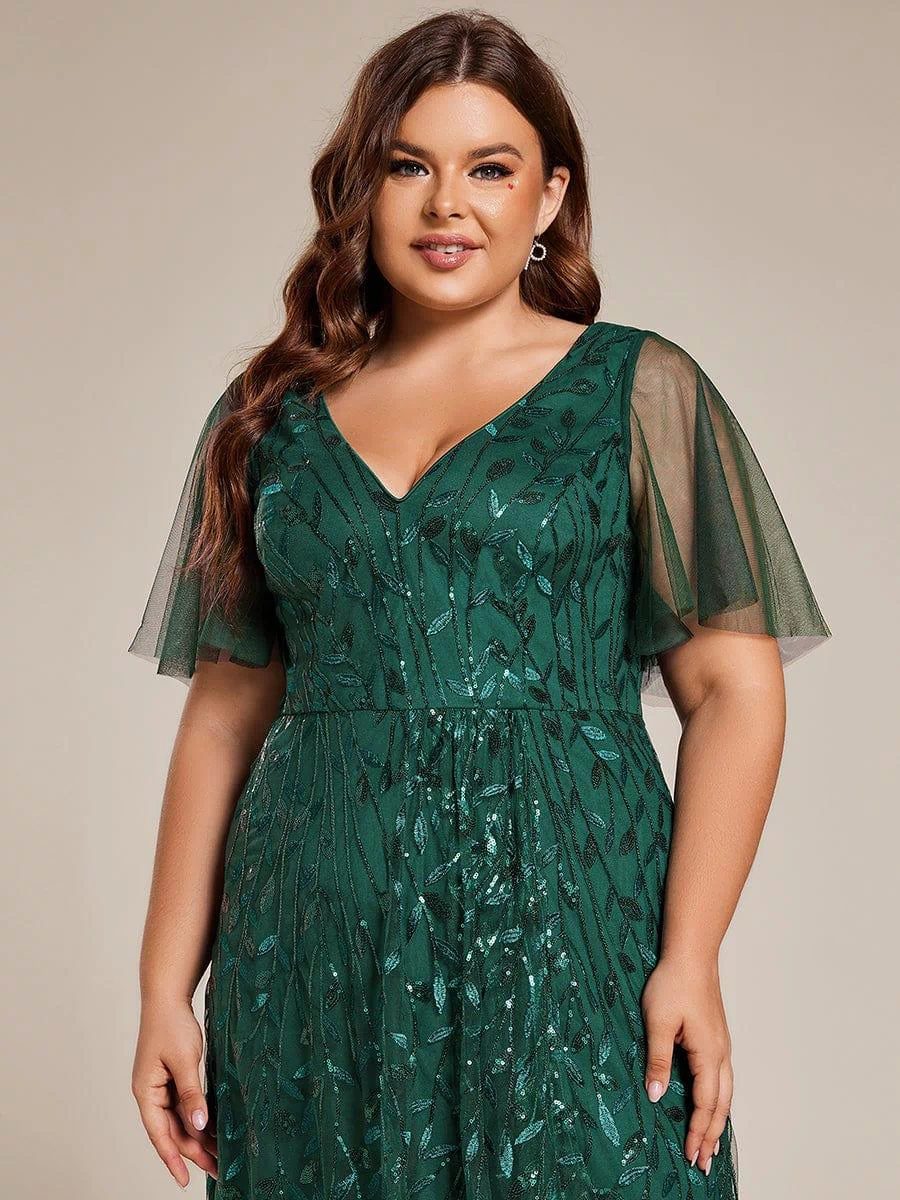 V-Neck Sequined Evening Dresses with High Slit #color_Dark Green