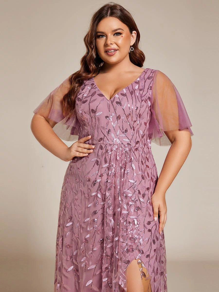 V-Neck Sequined Evening Dresses with High Slit #color_Purple Orchid