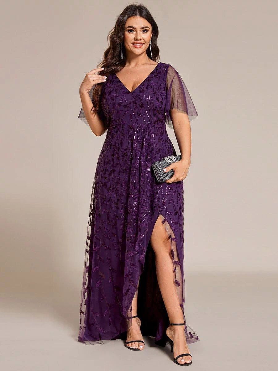 V-Neck Sequined Evening Dresses with High Slit #color_Dark Purple