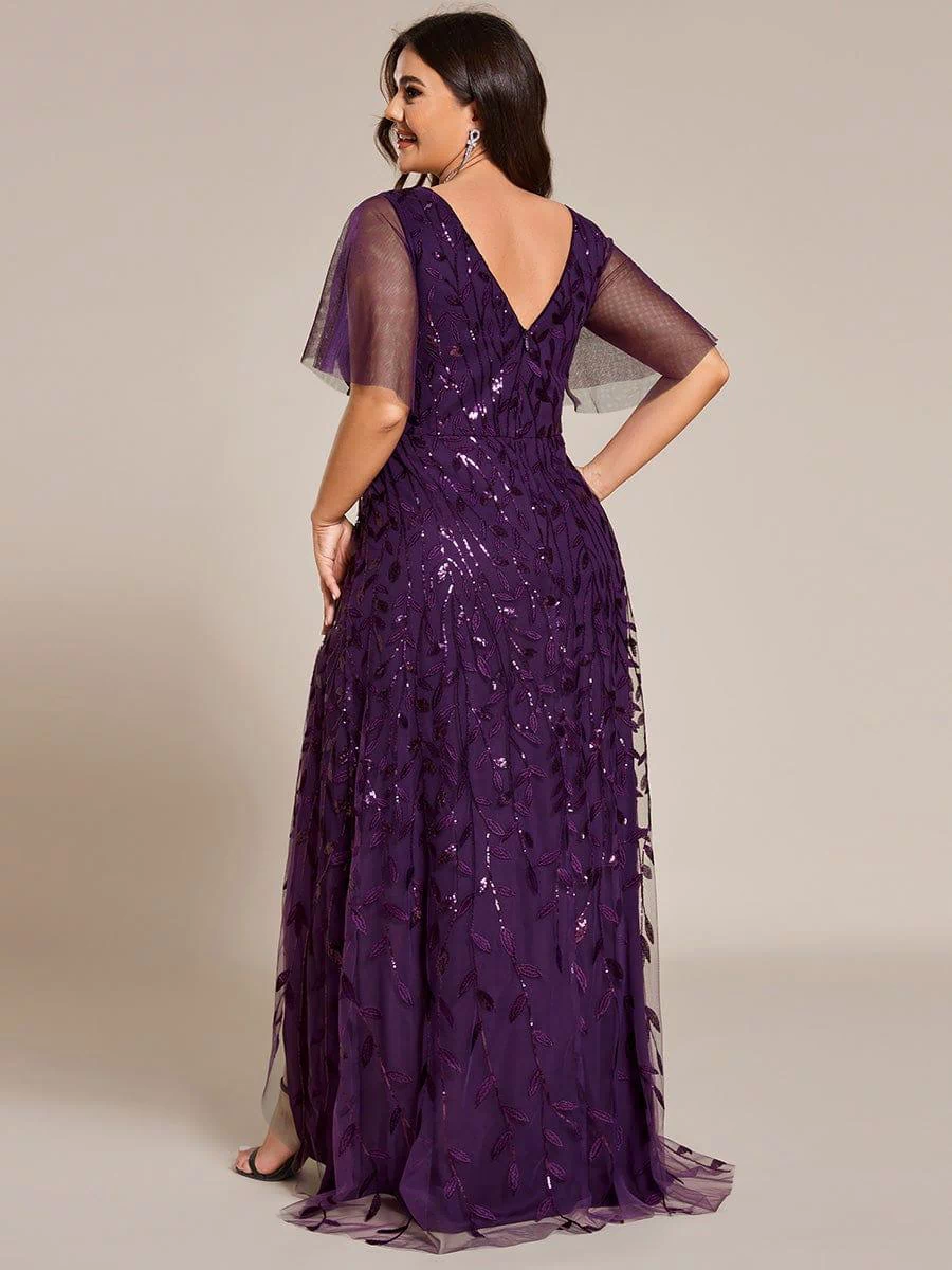 V-Neck Sequined Evening Dresses with High Slit #color_Dark Purple