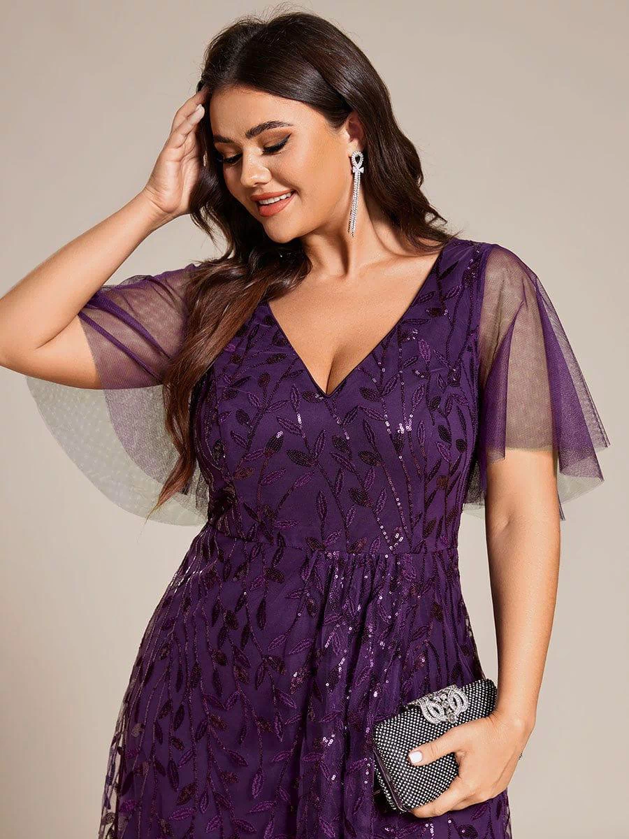 V-Neck Sequined Evening Dresses with High Slit #color_Dark Purple