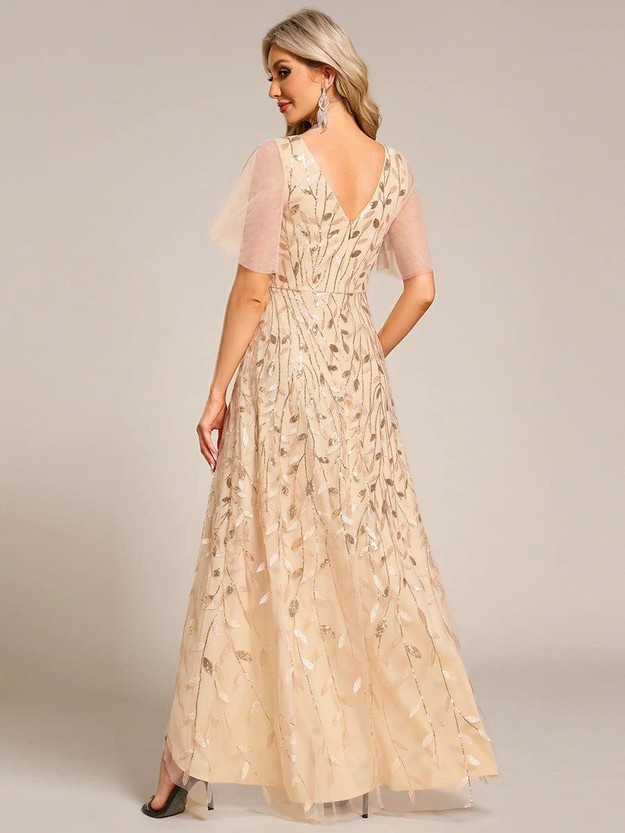 V-Neck Sequined Evening Dresses with High Slit #color_Gold
