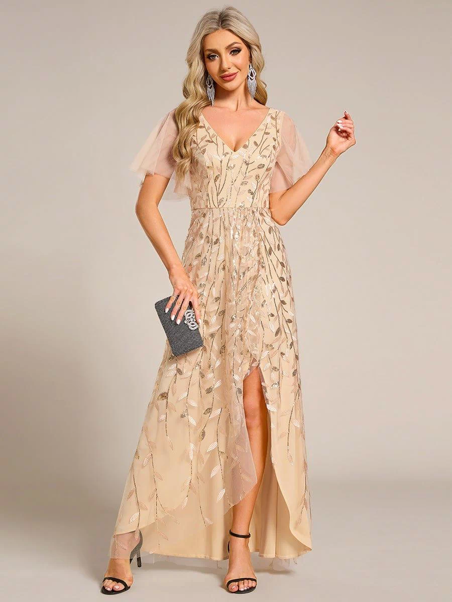 V-Neck Sequined Evening Dresses with High Slit #color_Gold