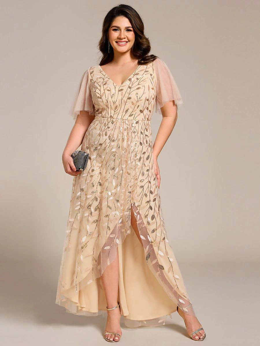 V-Neck Sequined Evening Dresses with High Slit #color_Gold