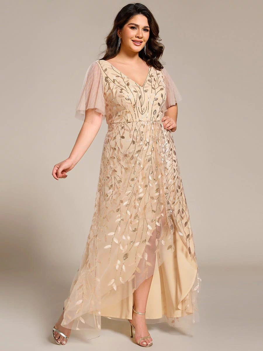 V-Neck Sequined Evening Dresses with High Slit #color_Gold