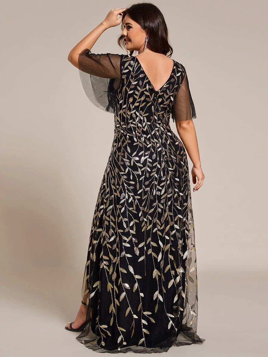 V-Neck Sequined Evening Dresses with High Slit #color_Black & Gold