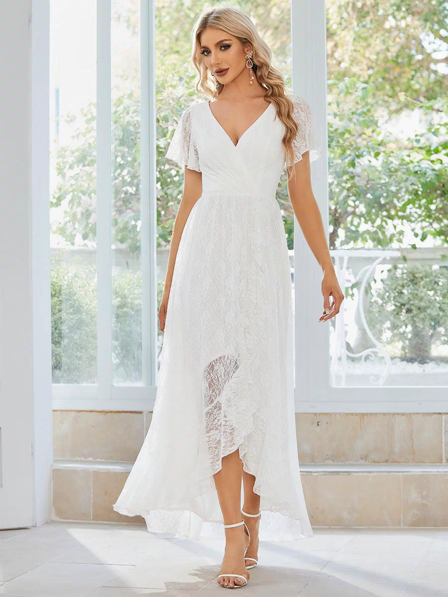 ever ELISE|V-Neck Short Sleeve Pleated Ruffled Lace Evening Dress