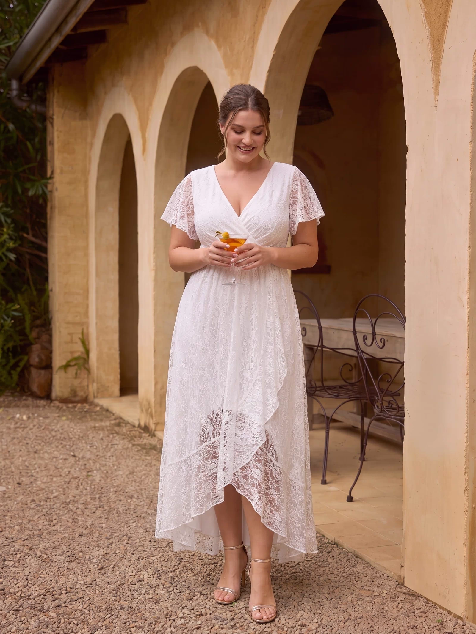 V-Neck Short Sleeve Pleated Ruffled Lace Evening Dress #Color_White