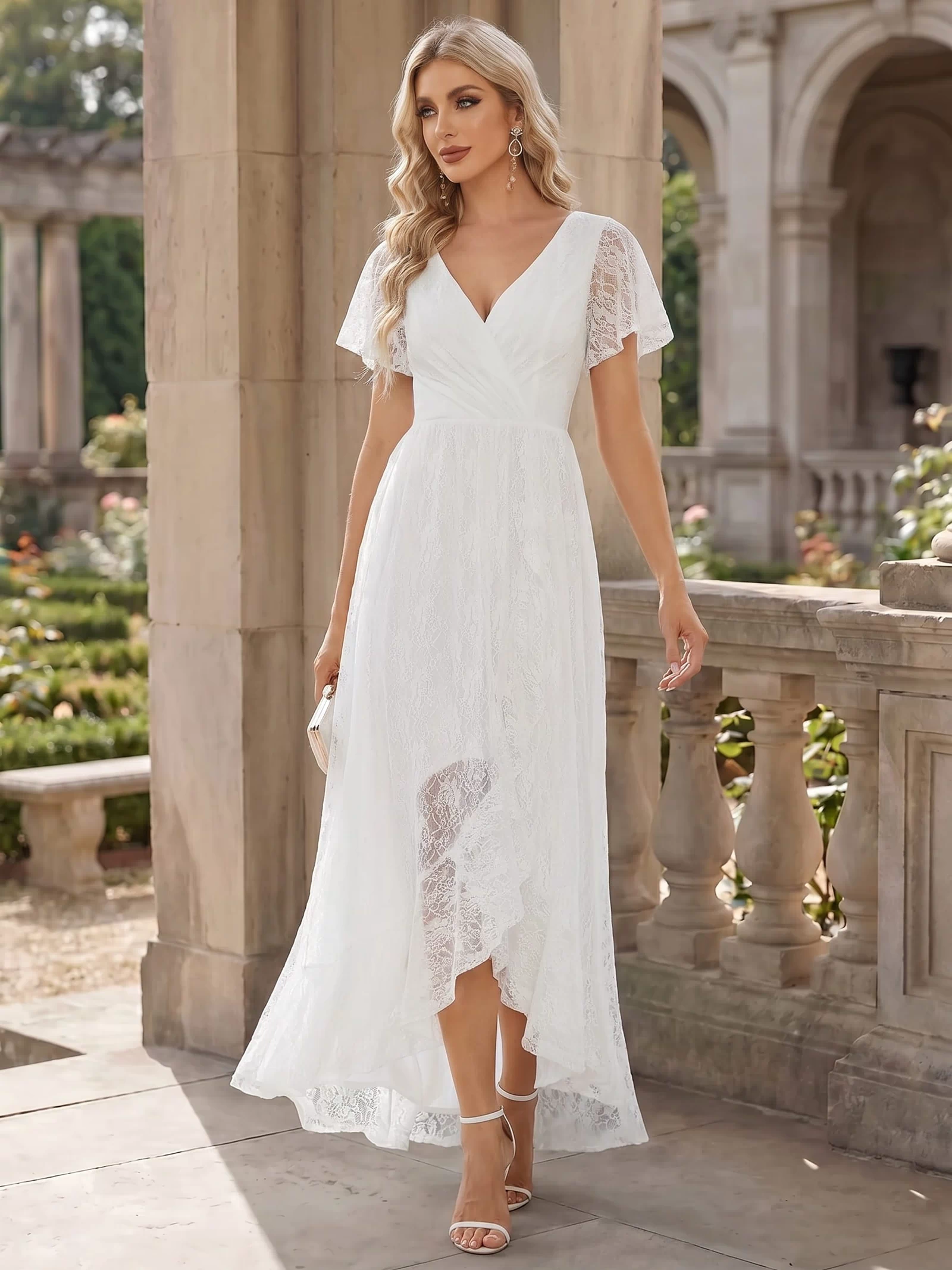 V-Neck Short Sleeve Pleated Ruffled Lace Evening Dress #Color_White