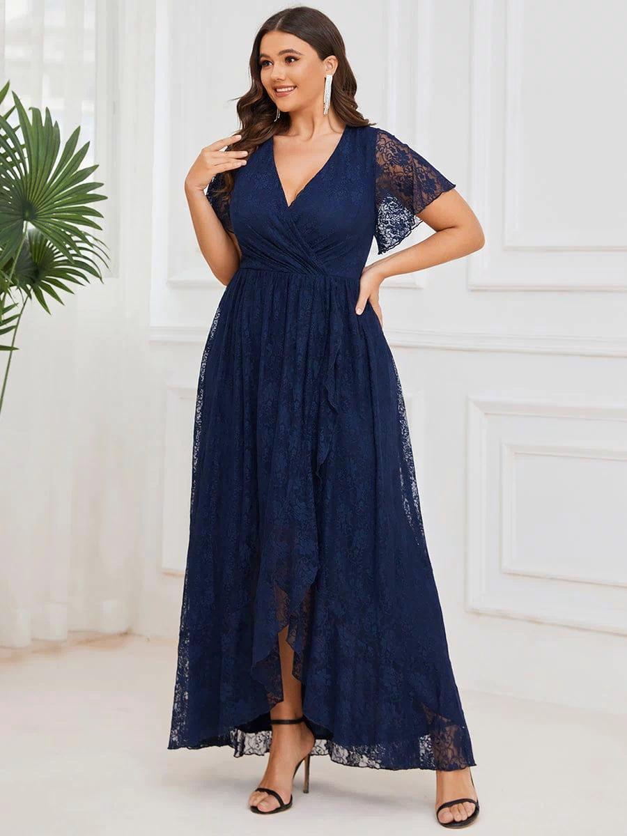 V-Neck Short Sleeve Pleated Ruffled Lace Evening Dress #Color_Navy Blue