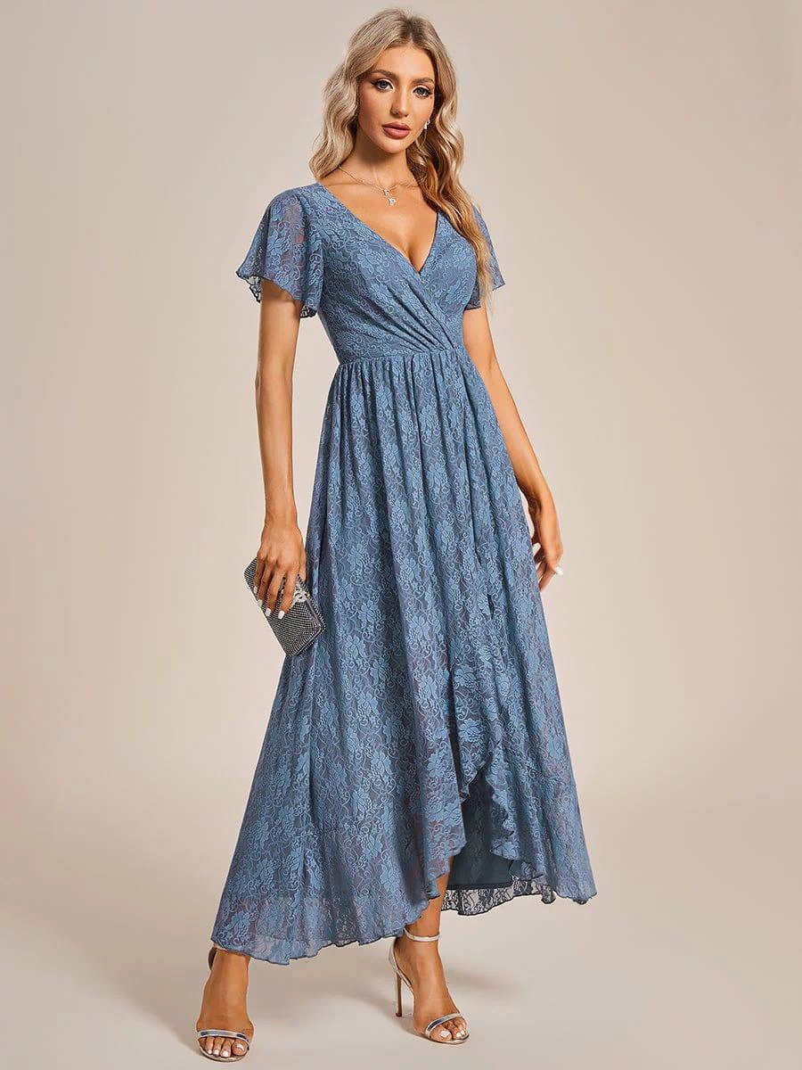 V-Neck Short Sleeve Pleated Ruffled Lace Evening Dress #color_Dusty Blue