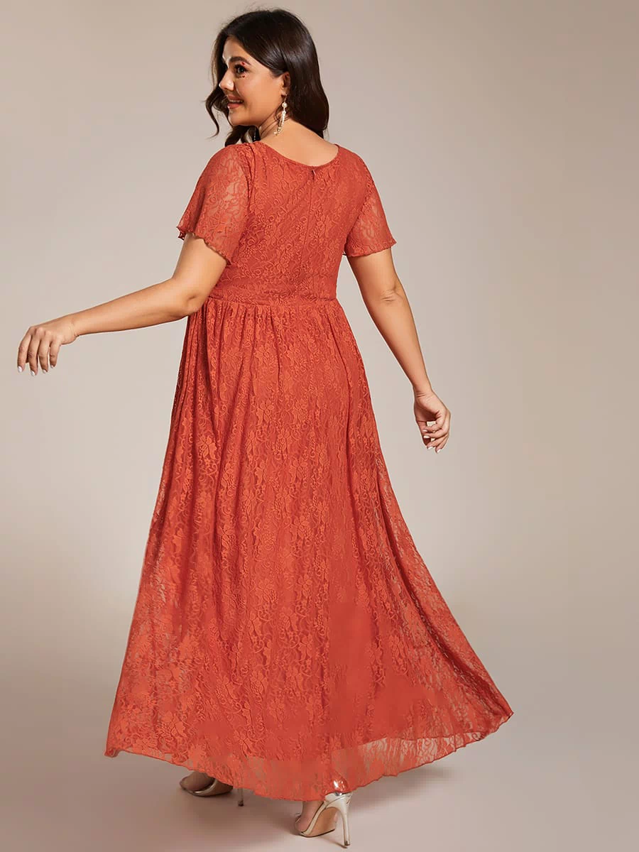 V-Neck Short Sleeve Pleated Ruffled Lace Evening Dress #Color_Burnt Orange