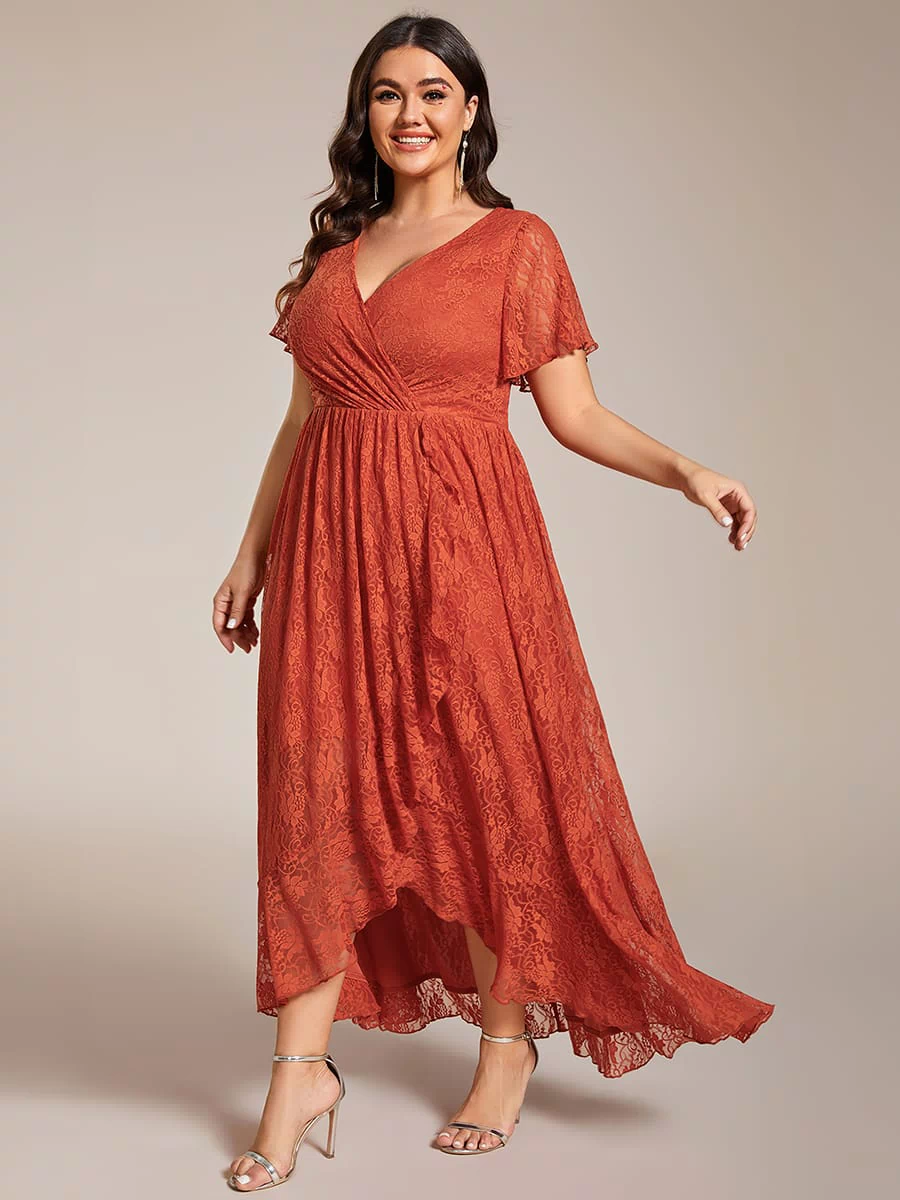 V-Neck Short Sleeve Pleated Ruffled Lace Evening Dress #Color_Burnt Orange