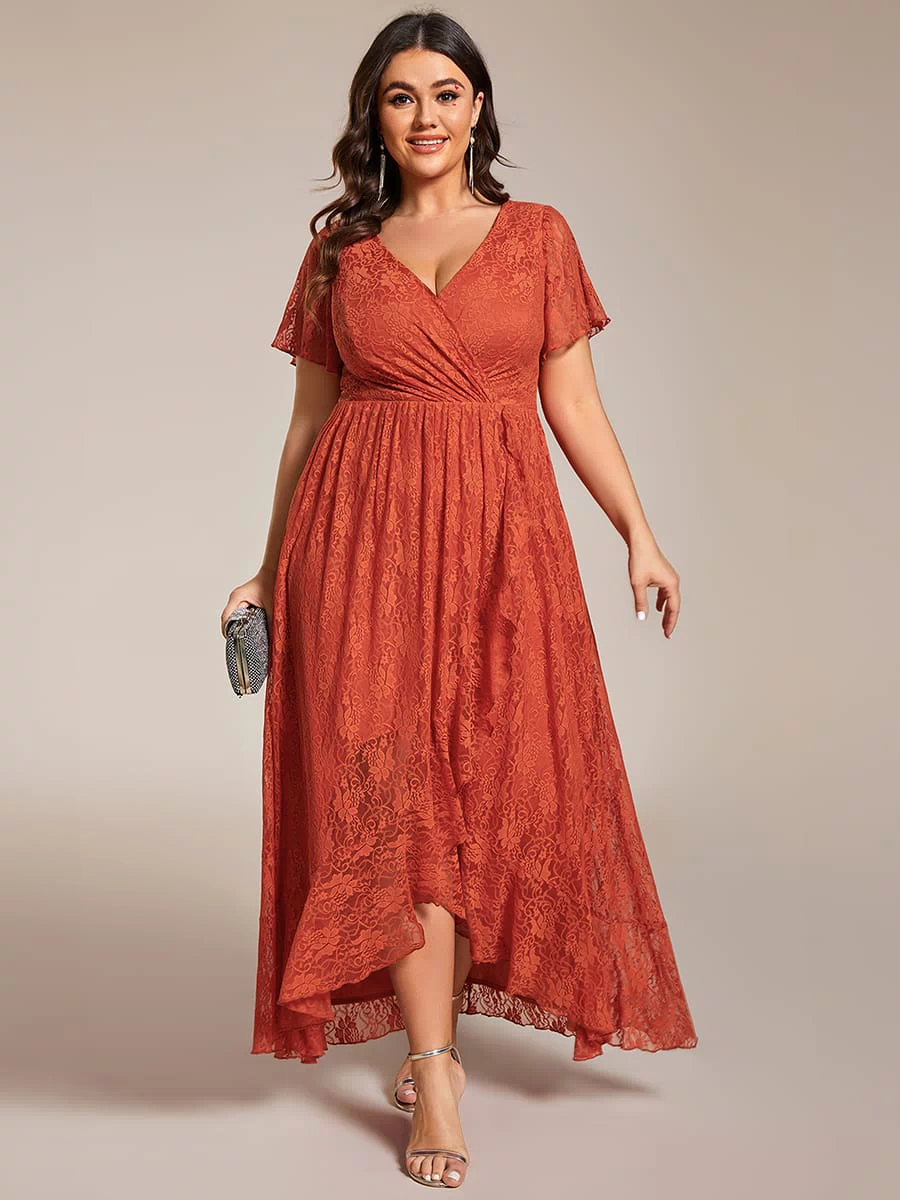V-Neck Short Sleeve Pleated Ruffled Lace Evening Dress #Color_Burnt Orange