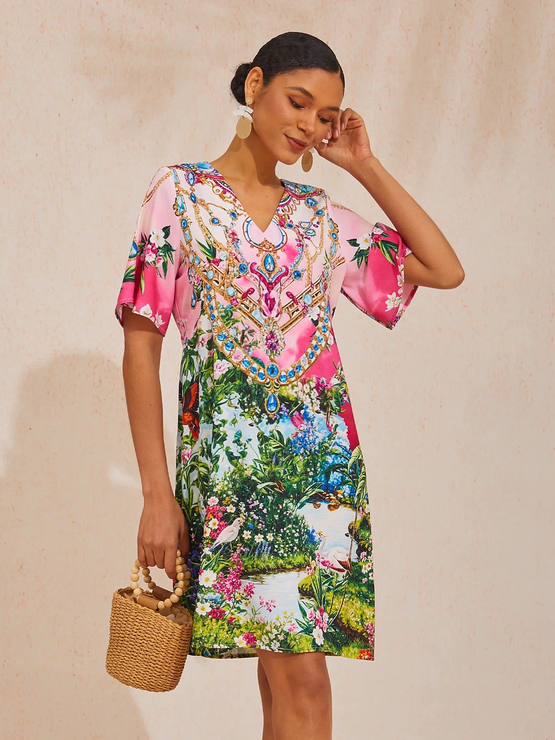 Pink Jungle Party Silky Satin Diamond Mini Dress