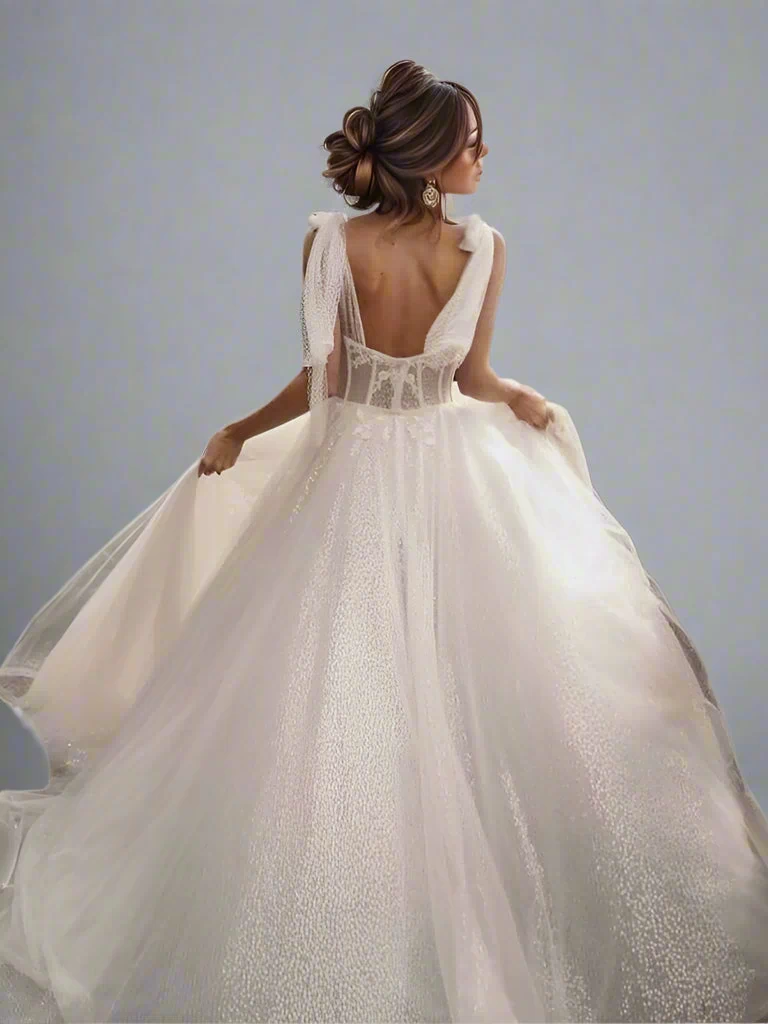 Back view of open-back wedding dress with fitted bodice and bow-tied straps, with flowing glitter skirt.