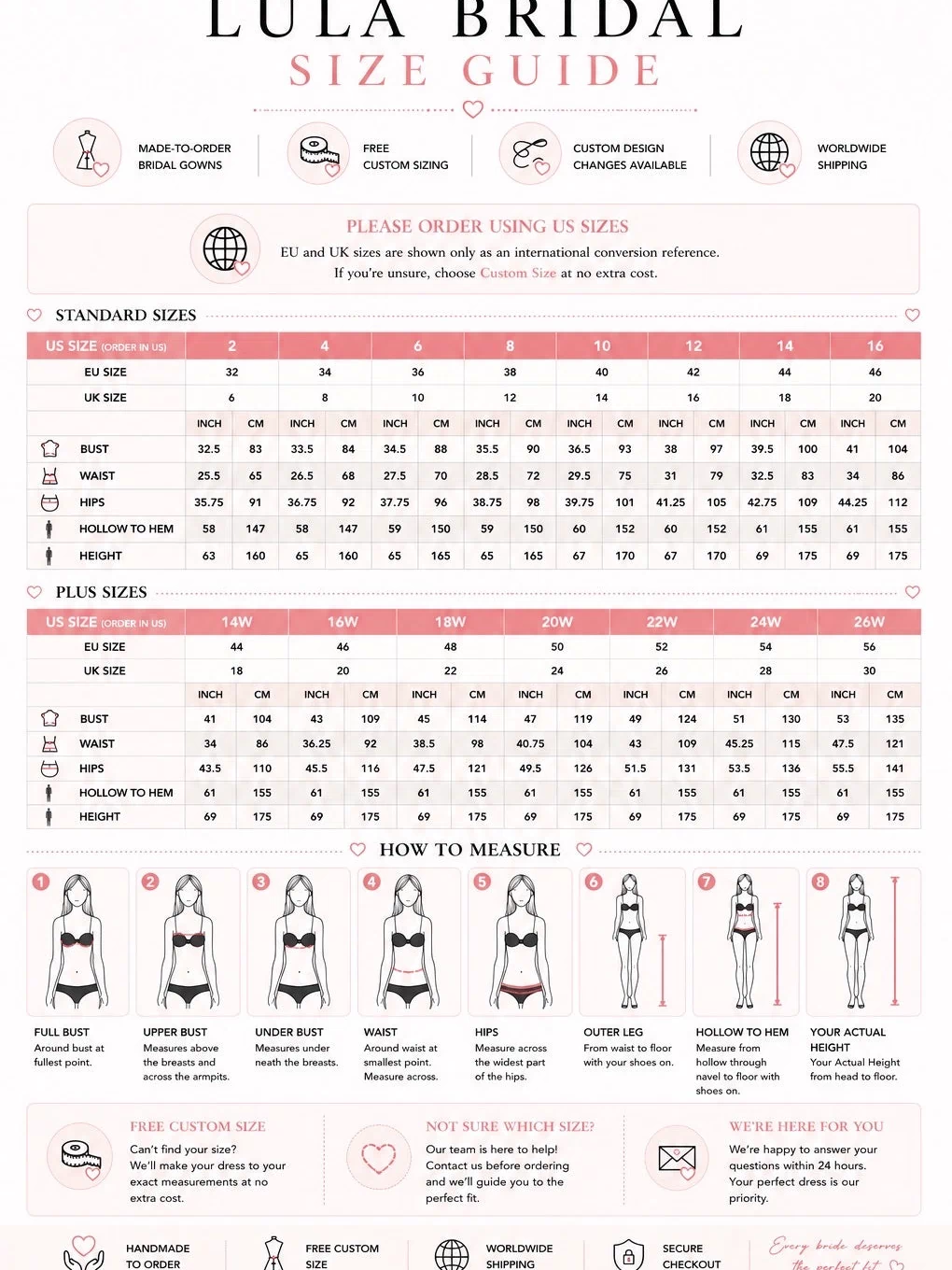 Lula Bridal size chart with measurements for various body parts.