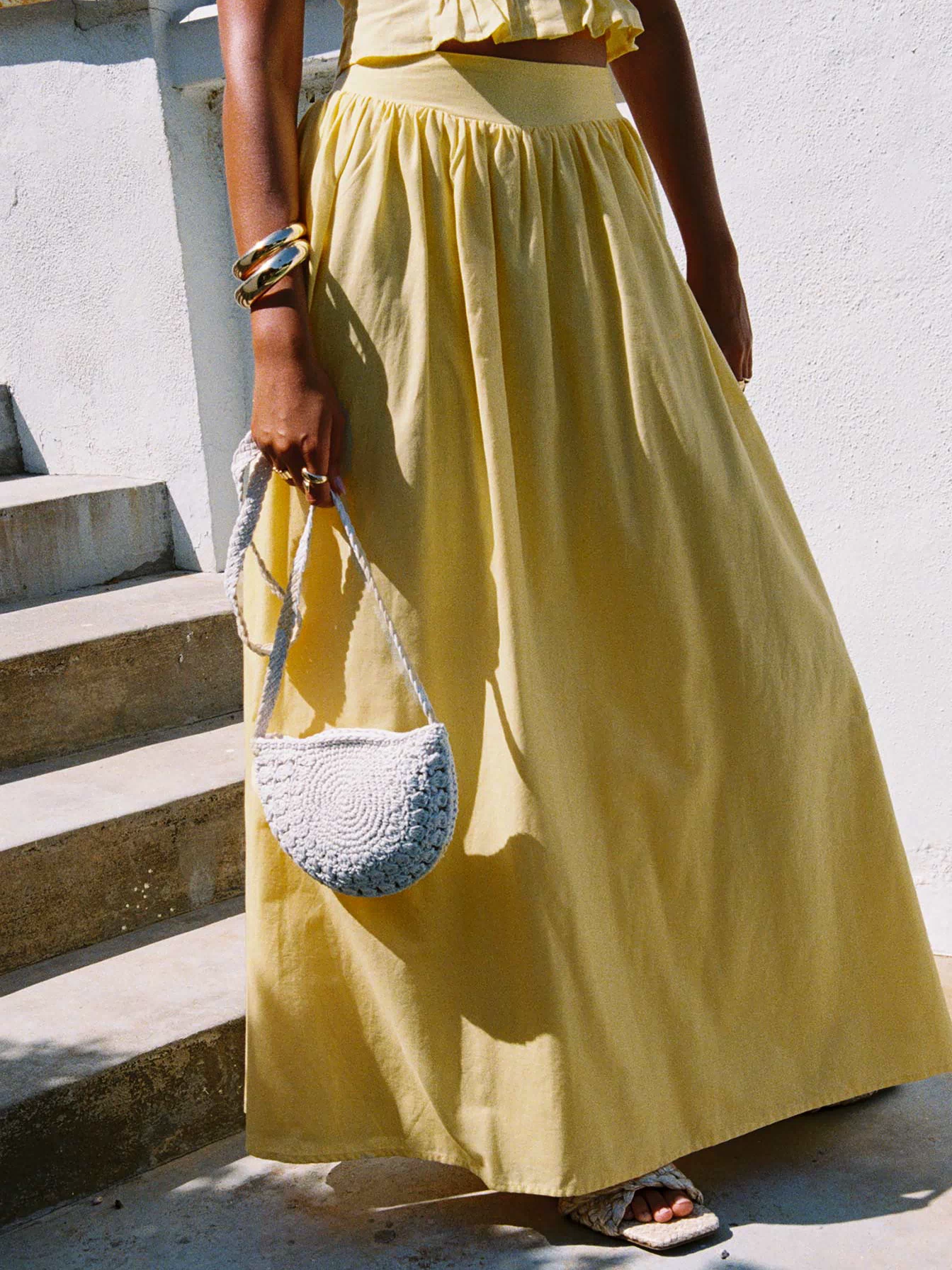back view of model wearing Princess Polly Valerio Maxi Skirt Yellow Maxi Skirts Skirts 