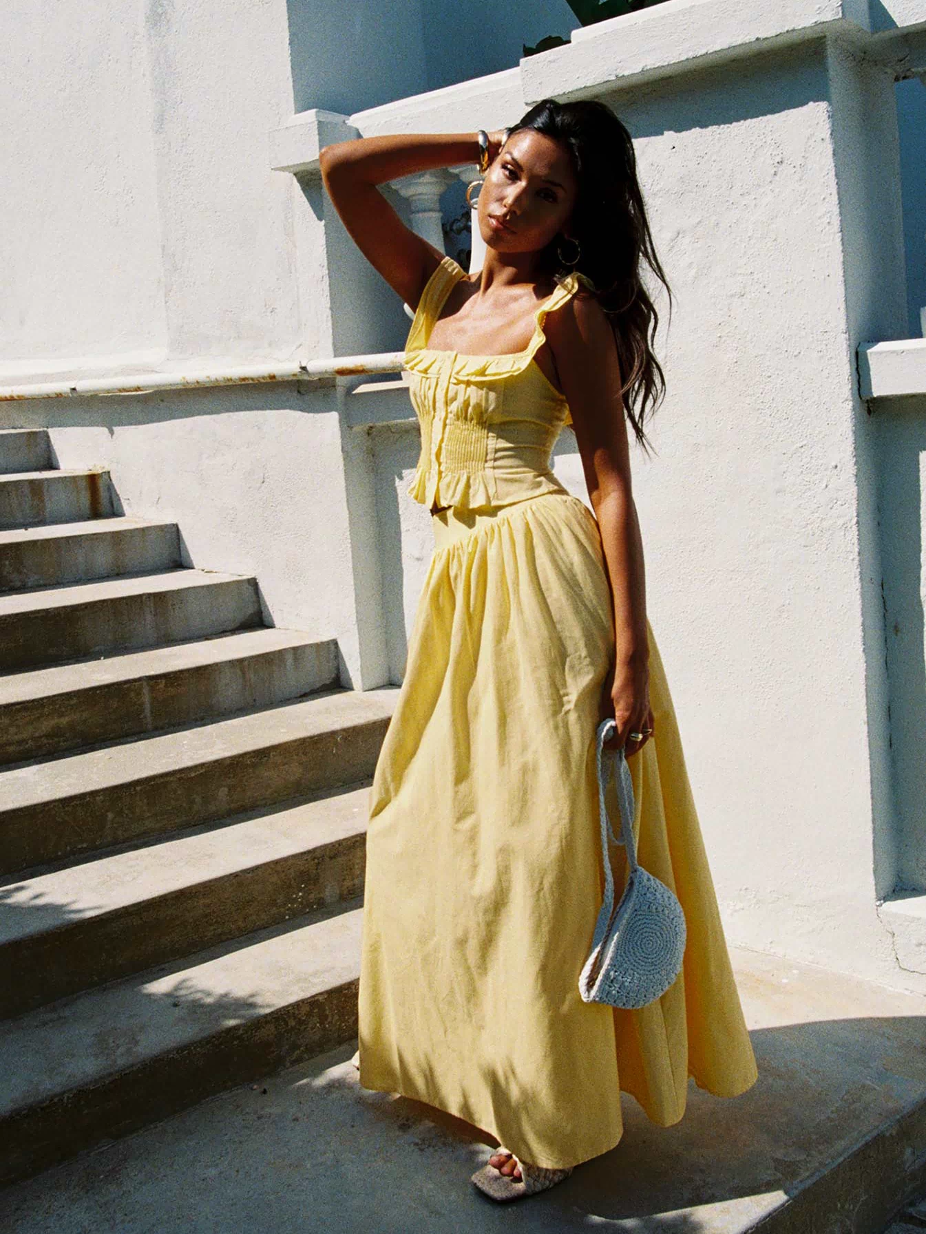   front view of model wearing Princess Polly Valerio Maxi Skirt Yellow Maxi Skirts Skirts 