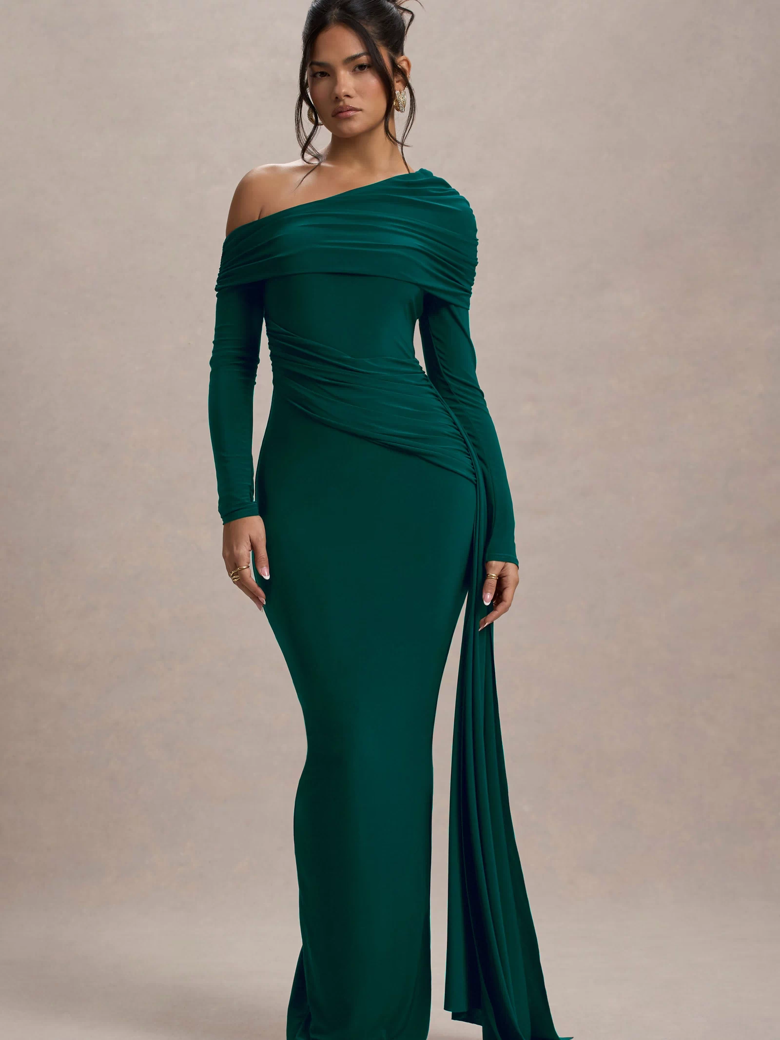 Valina | Green Ruched Asymmetric Maxi Dress With Drape