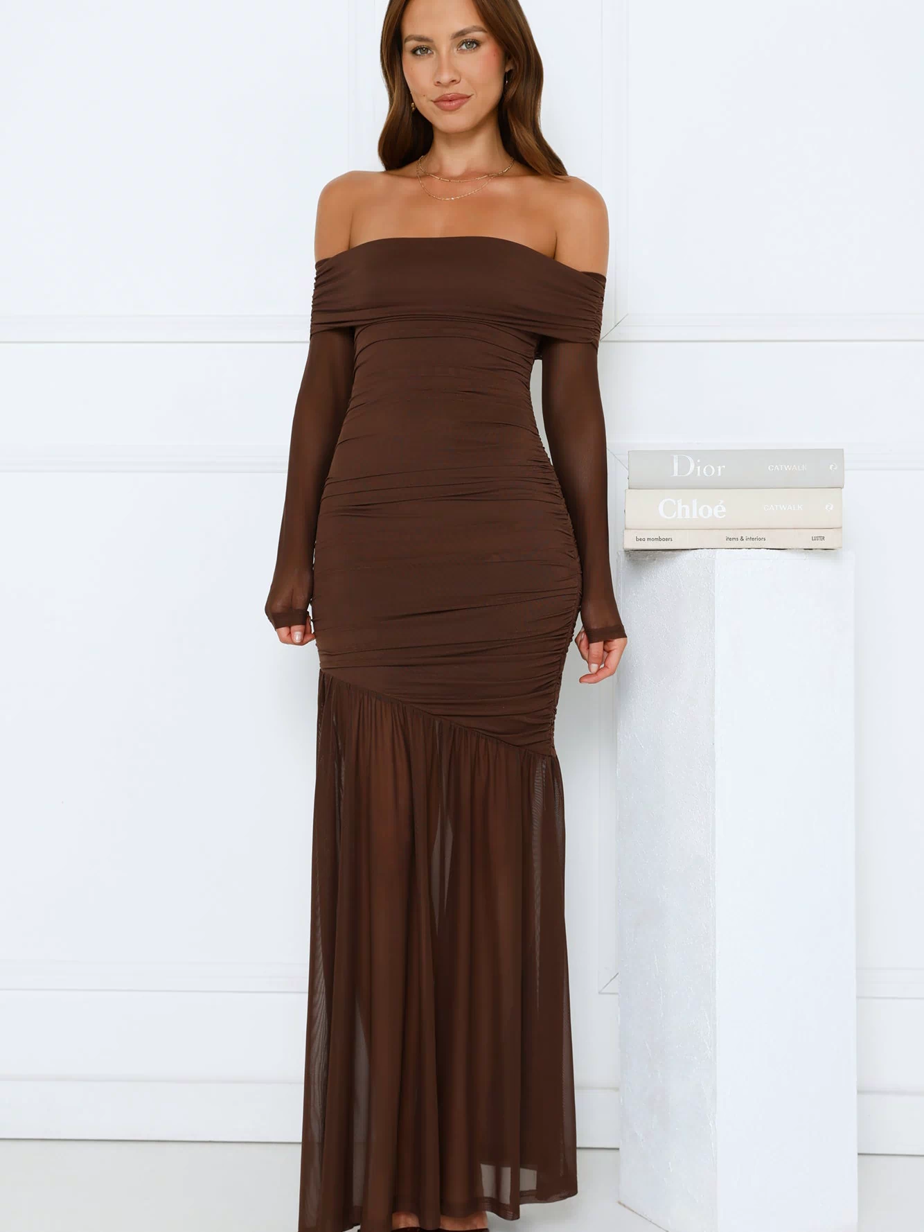 Velour Allure Off Shoulder Maxi Dress Brown