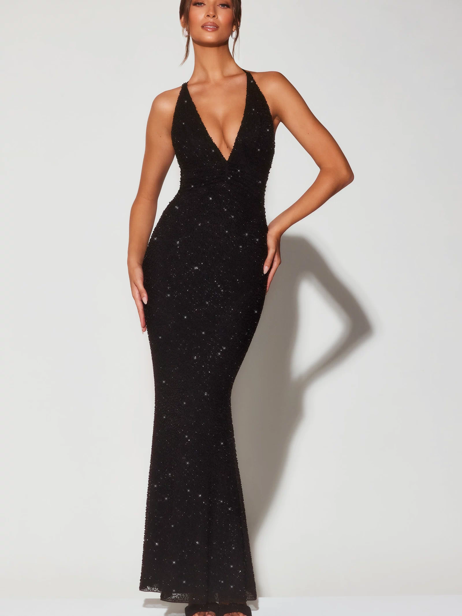 Embellished Plunge Halter Neck Evening Gown in Black