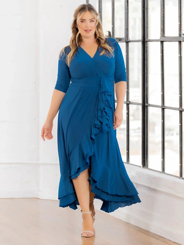 Veronica Ruffled Evening Gown in Aegean Blue