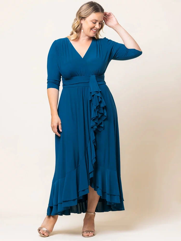 Veronica Ruffled Evening Gown in Aegean Blue