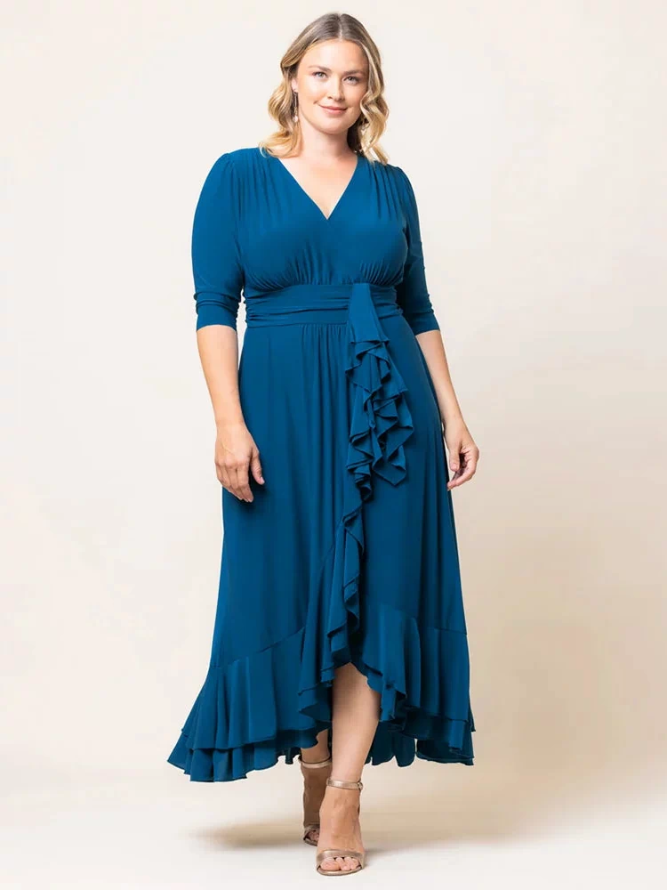 Veronica Ruffled Evening Gown in Aegean Blue