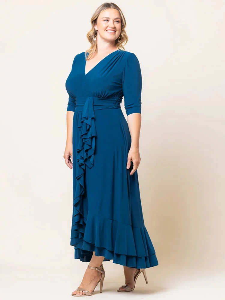 Veronica Ruffled Evening Gown in Aegean Blue