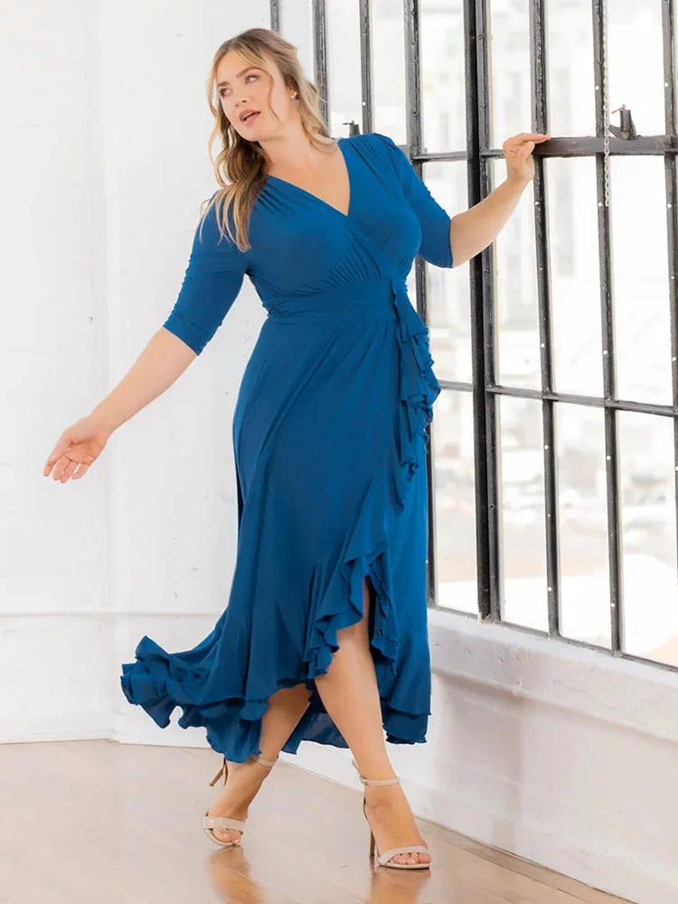 Veronica Ruffled Evening Gown in Aegean Blue