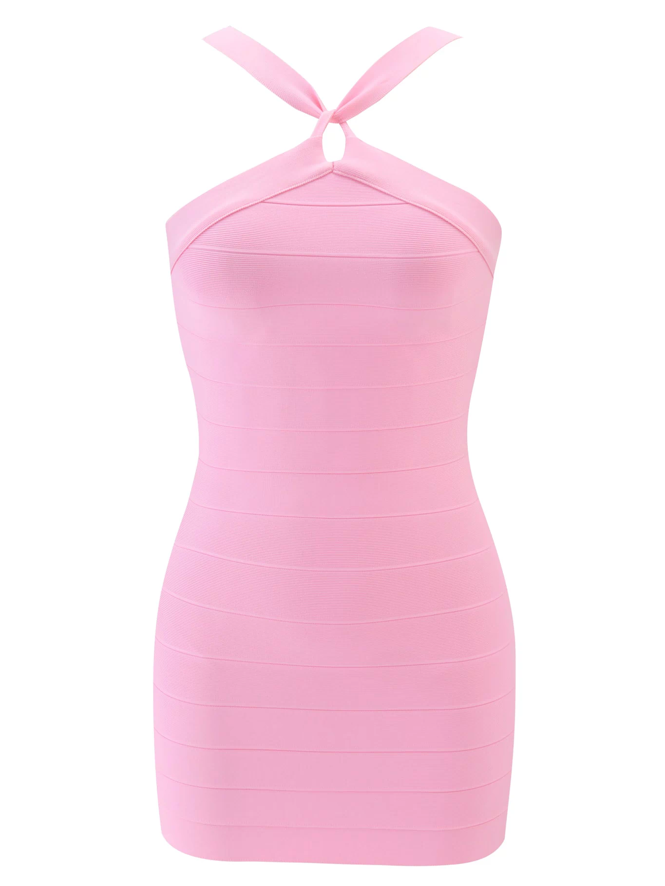 The I.AM.GIA VESPERA BANDAGE MINI DRESS in pink is a sleeveless, form-fitting mini dress with a halter neckline and keyhole cutout, shown on a plain white background.