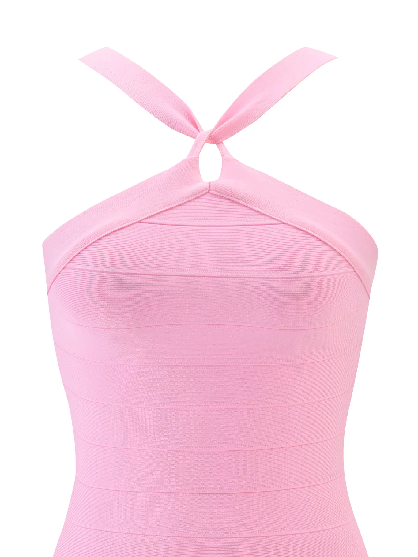 The I.AM.GIA VESPERA BANDAGE MINI DRESS in pink is a fitted, ribbed mini dress with a light pink hue, halter straps, sleeveless design, and a criss-cross neckline that ties in front for a sleek, minimalist look.