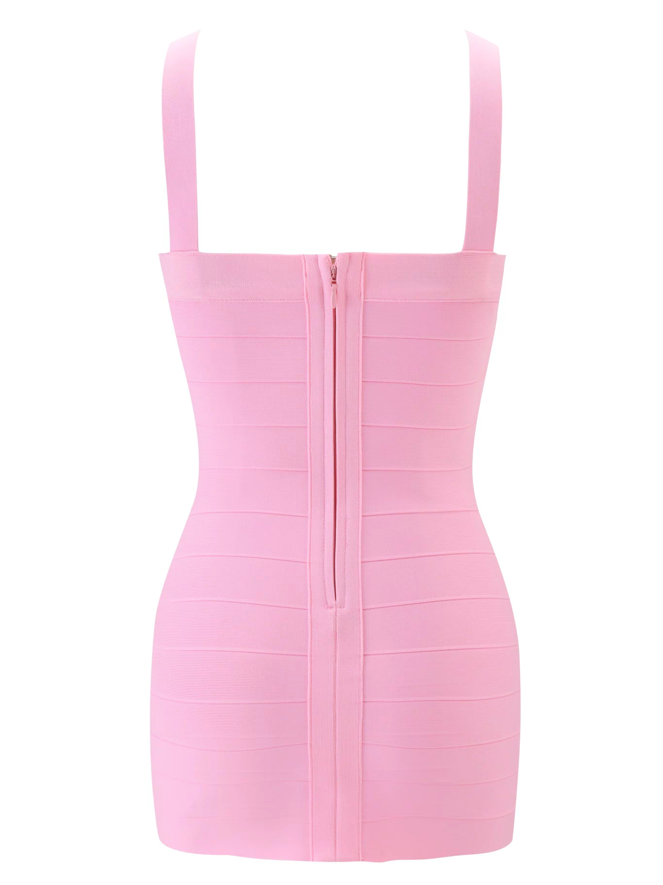 The VESPERA BANDAGE MINI DRESS by I.AM.GIA in pink features wide shoulder straps, a fitted sleeveless bodycon silhouette, and a central exposed back zipper.