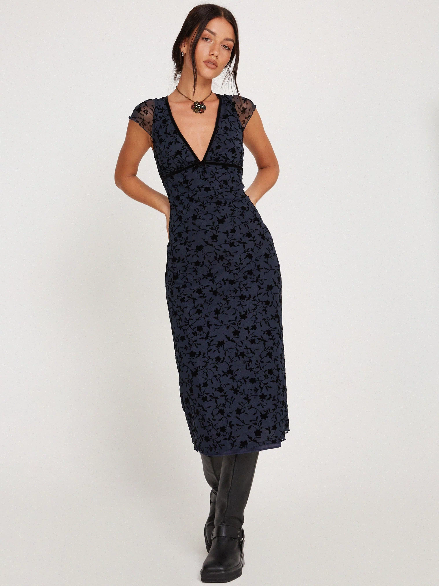 Image of Vilinia Midi Dress in Pretty Petal Flock Black
